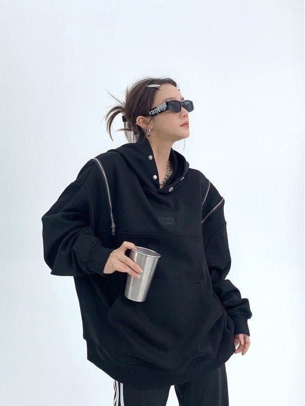 Shoulder Zip Hooded Sweatshirt - Sharbhy